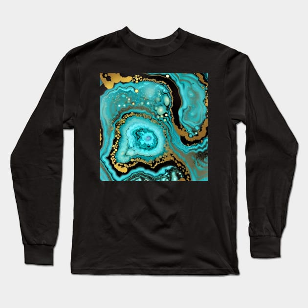 Aqua and Black Marble Design with Gold Long Sleeve T-Shirt by ArtistsQuest